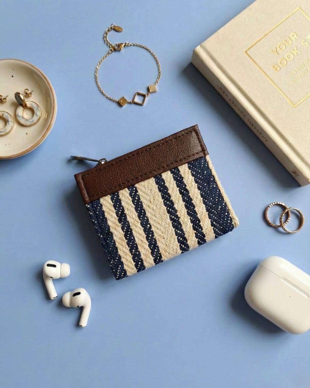 Off White and Blue Striped Jacquard Unisex Wallet